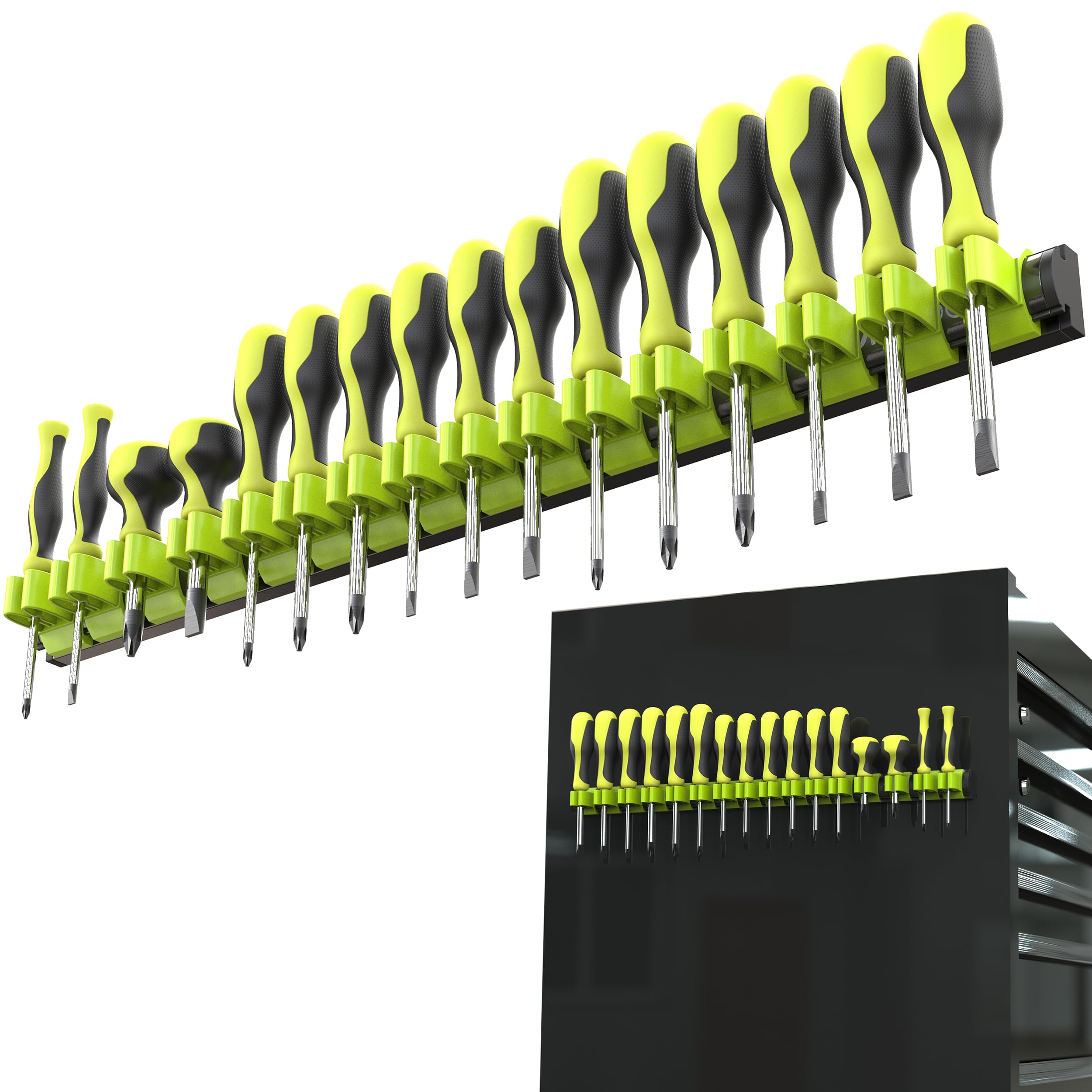 Front view of Olsa Tools Magnetic Screwdriver Organizer showing strong magnets securing tools