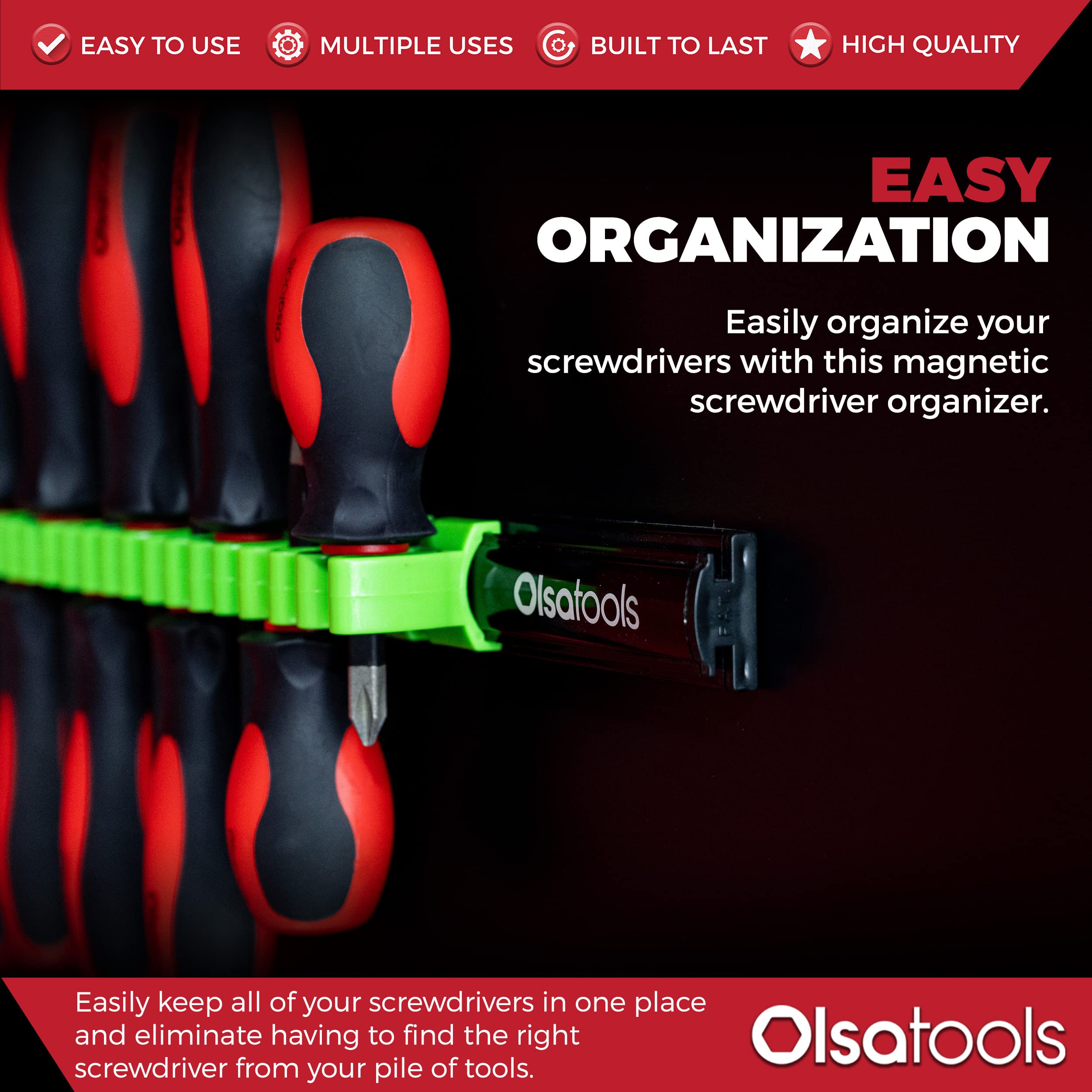 Olsa Tools Magnetic Screwdriver Organizer in drawer keeps screwdrivers neatly organized and accessible