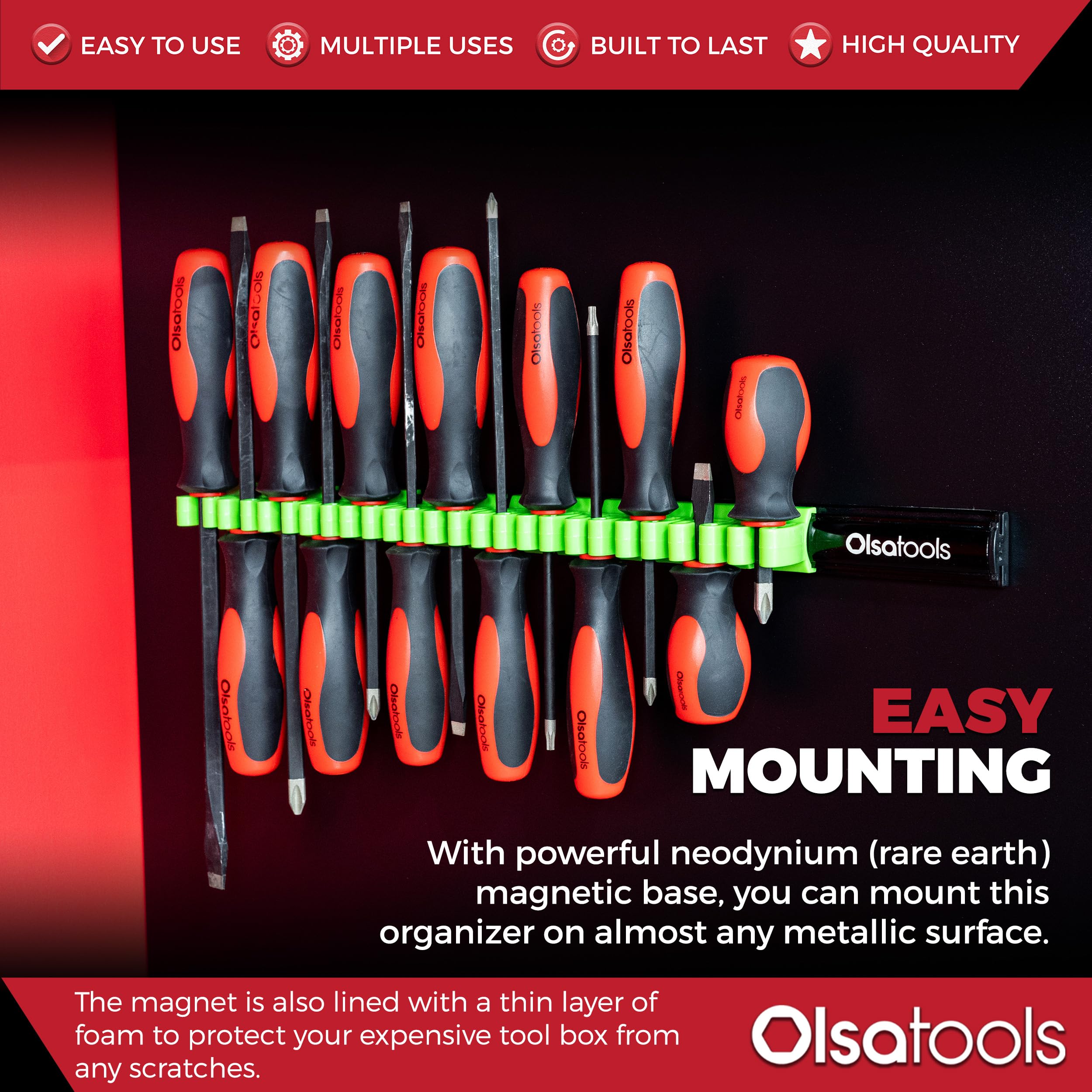 Olsa Tools Magnetic Screwdriver Organizer mounted on steel surface for quick tool access