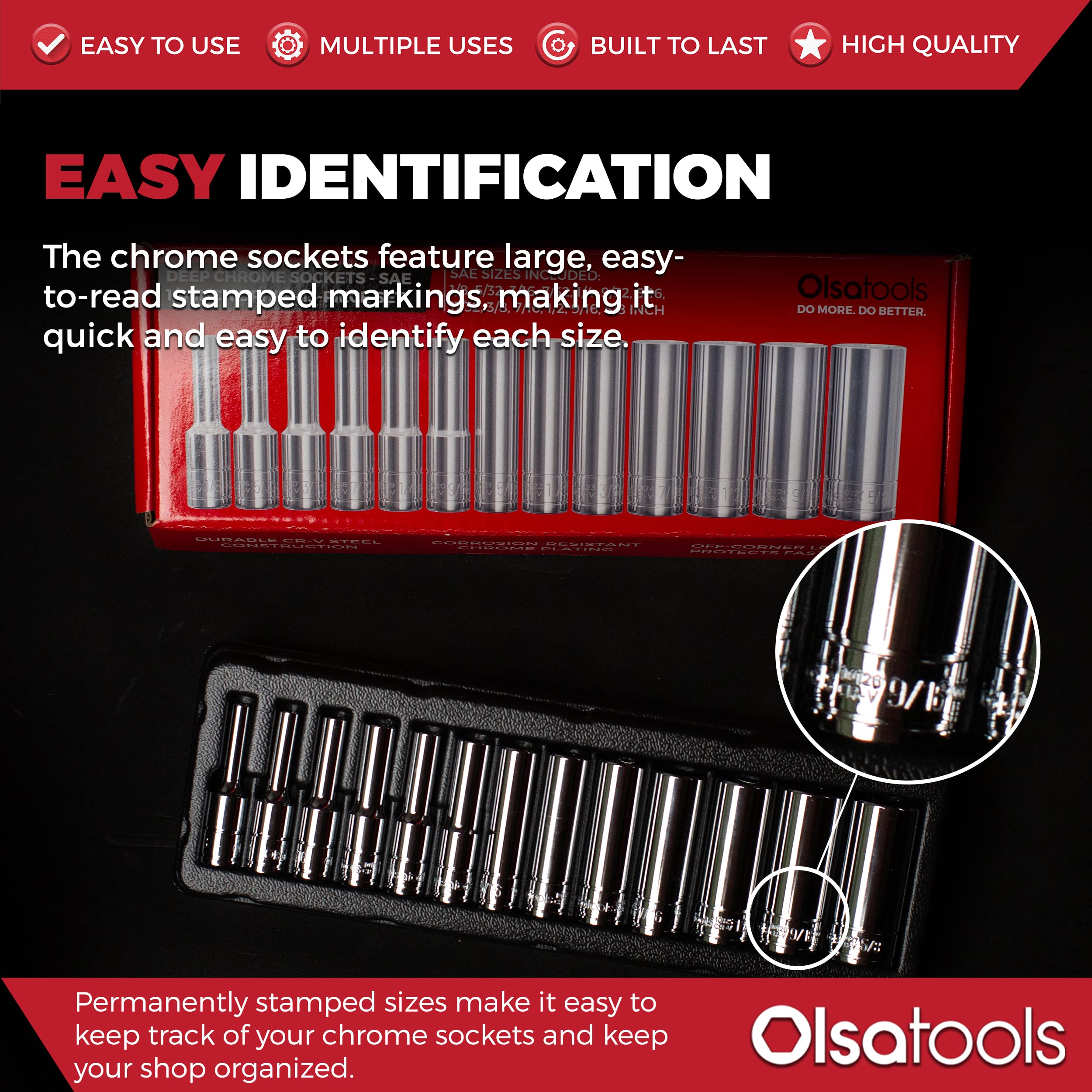 Size range depiction from 1/8 to 5/8 inch SAE sockets for versatile tasks