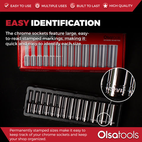Size range depiction from 1/8 to 5/8 inch SAE sockets for versatile tasks