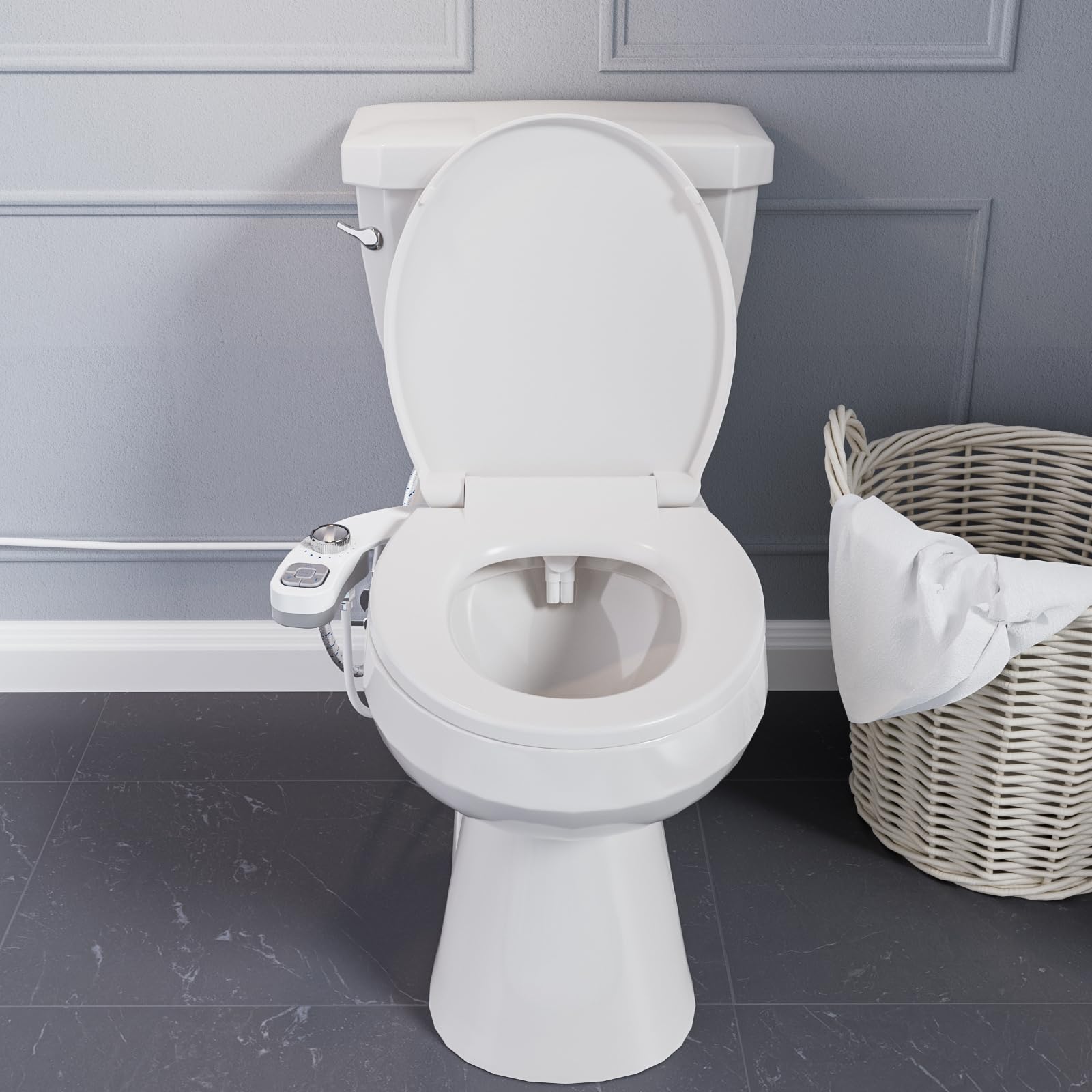 OLUFIA silver finish bidet complements modern bathroom decor.