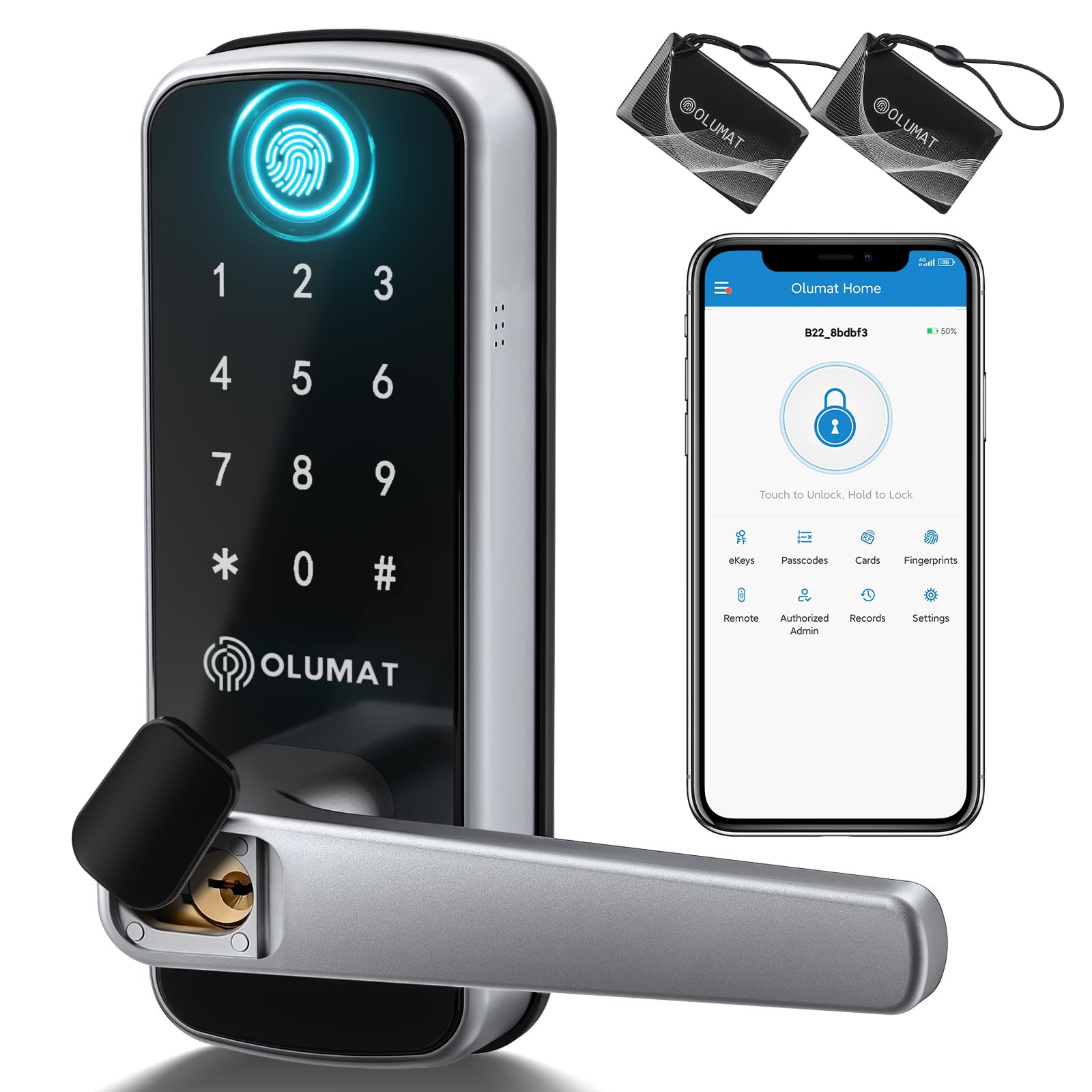 OLUMAT Smart Door Lock front view with durable handle.