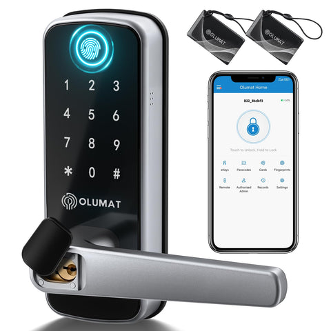 OLUMAT Smart Door Lock front view with durable handle.
