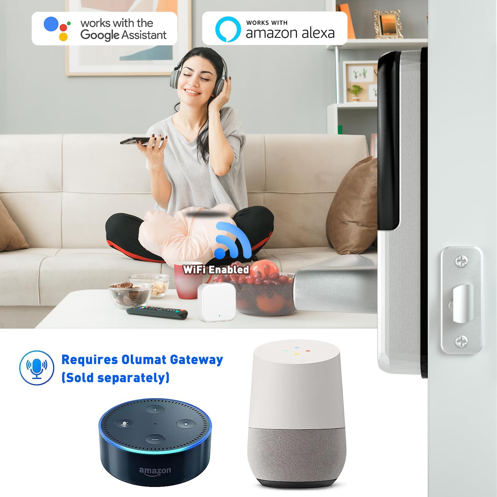 OLUMAT Smart Lock app control image illustrating remote access on a phone