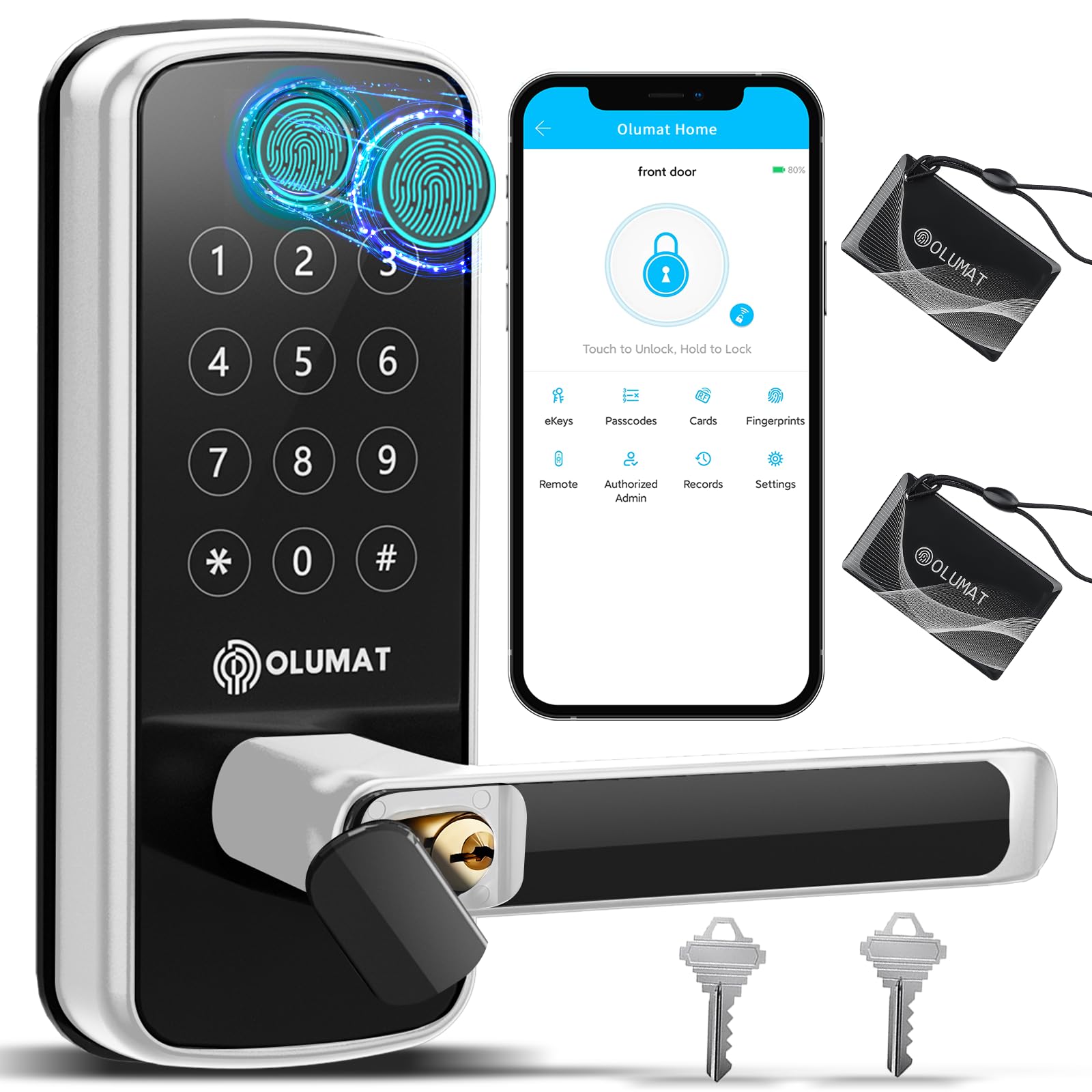 OLUMAT Smart Lock handle close-up highlighting sleek design for secure front-door entry