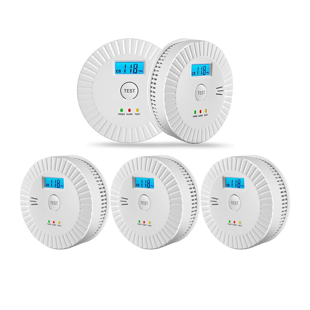 OLUNCLE 5-pack smoke and CO detector, front view packaging, ideal for quick home installation.