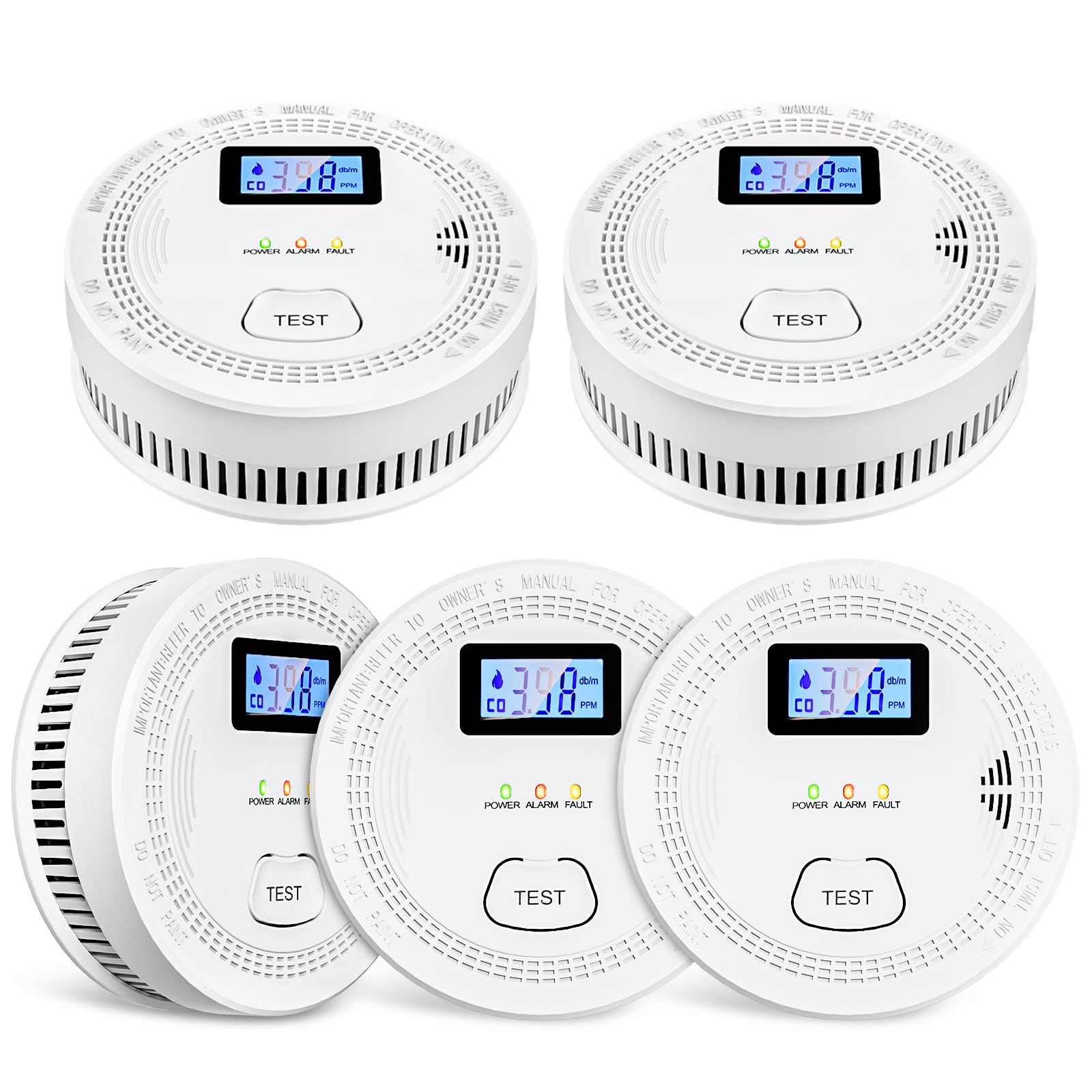 OLUNCLE 5-pack smoke and CO alarm with compact design for easy wall mounting.