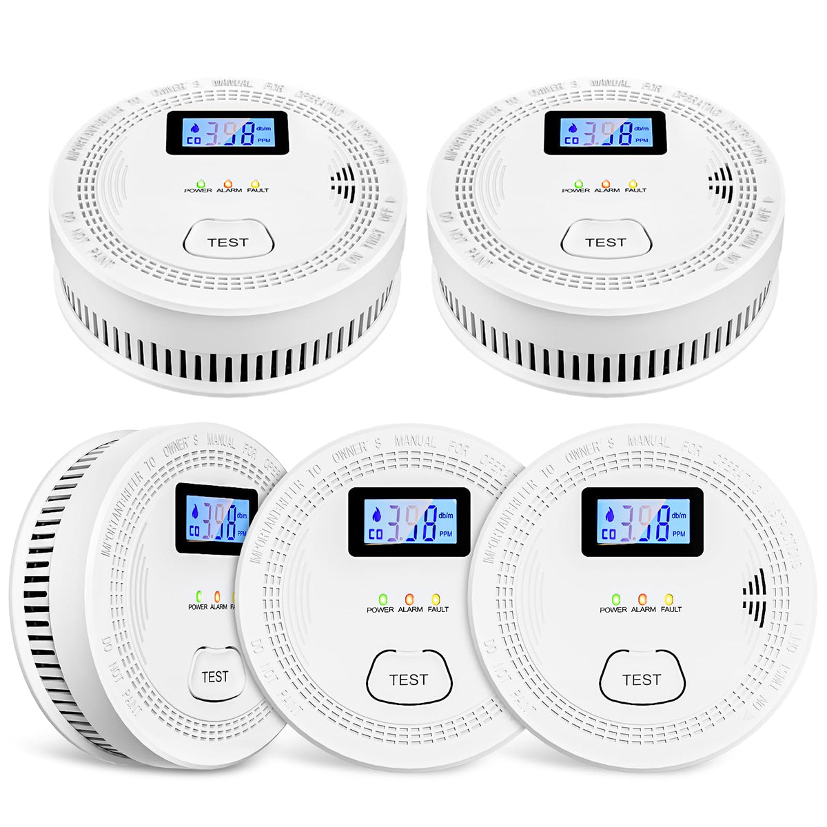 OLUNCLE 5-pack smoke and CO alarm with compact design for easy wall mounting.