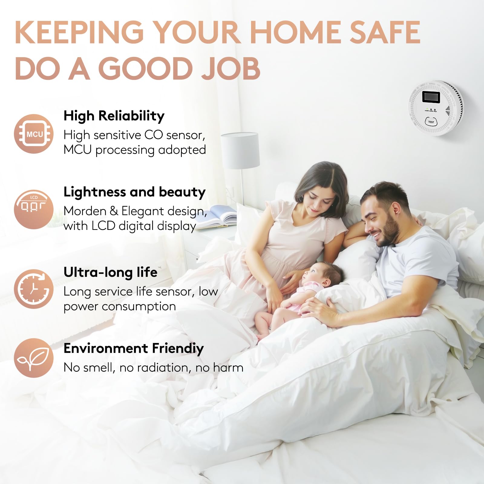 OLUNCLE smoke-co alarm digital display shows status at a glance.