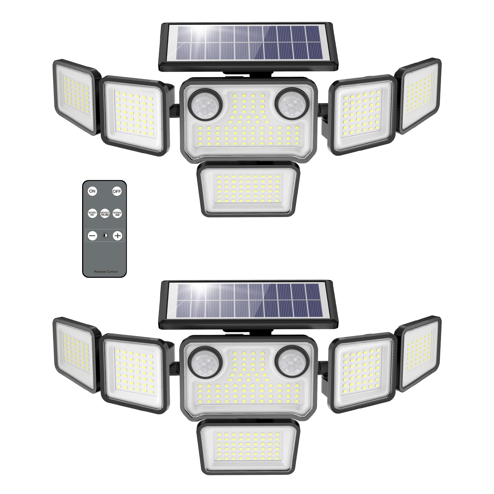 Omibee solar lights with six heads provide wide-area outdoor illumination.