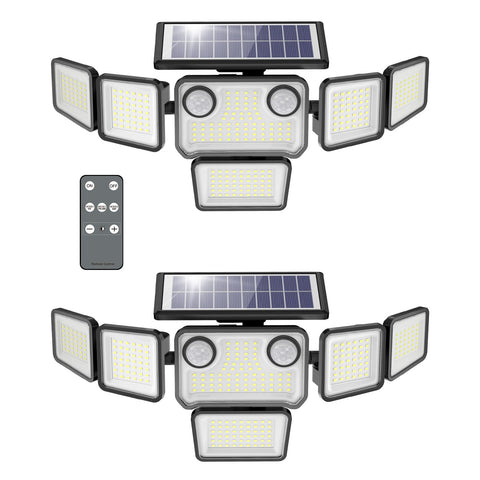 Omibee solar lights with six heads provide wide-area outdoor illumination.