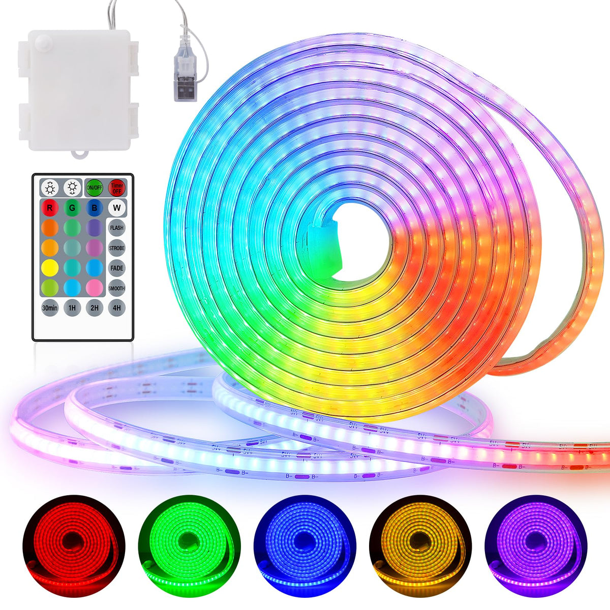 Omika 6.6ft RGB COB LED strip, battery powered, for flexible indoor ambiance.
