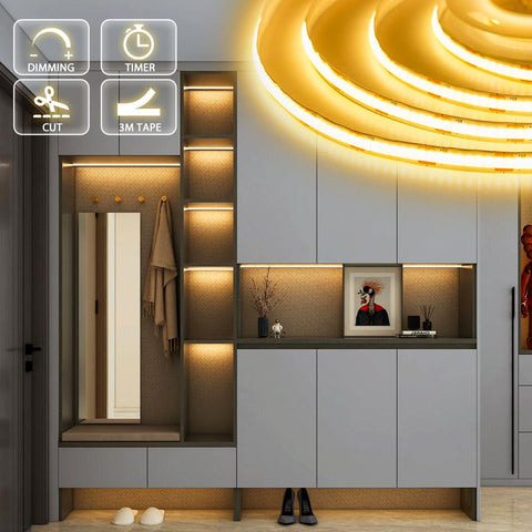 OMIKA COB LED strip battery-powered setup for cordless placement