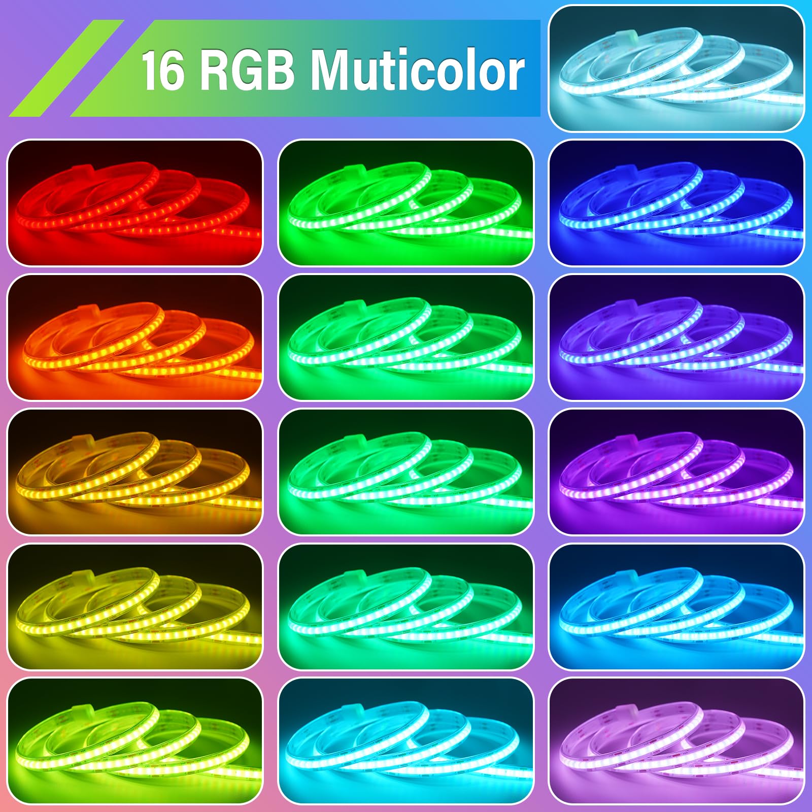 Omika remote control RGB COB strip shows color options and dimming.