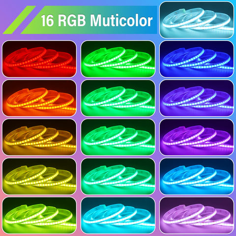 Omika remote control RGB COB strip shows color options and dimming.