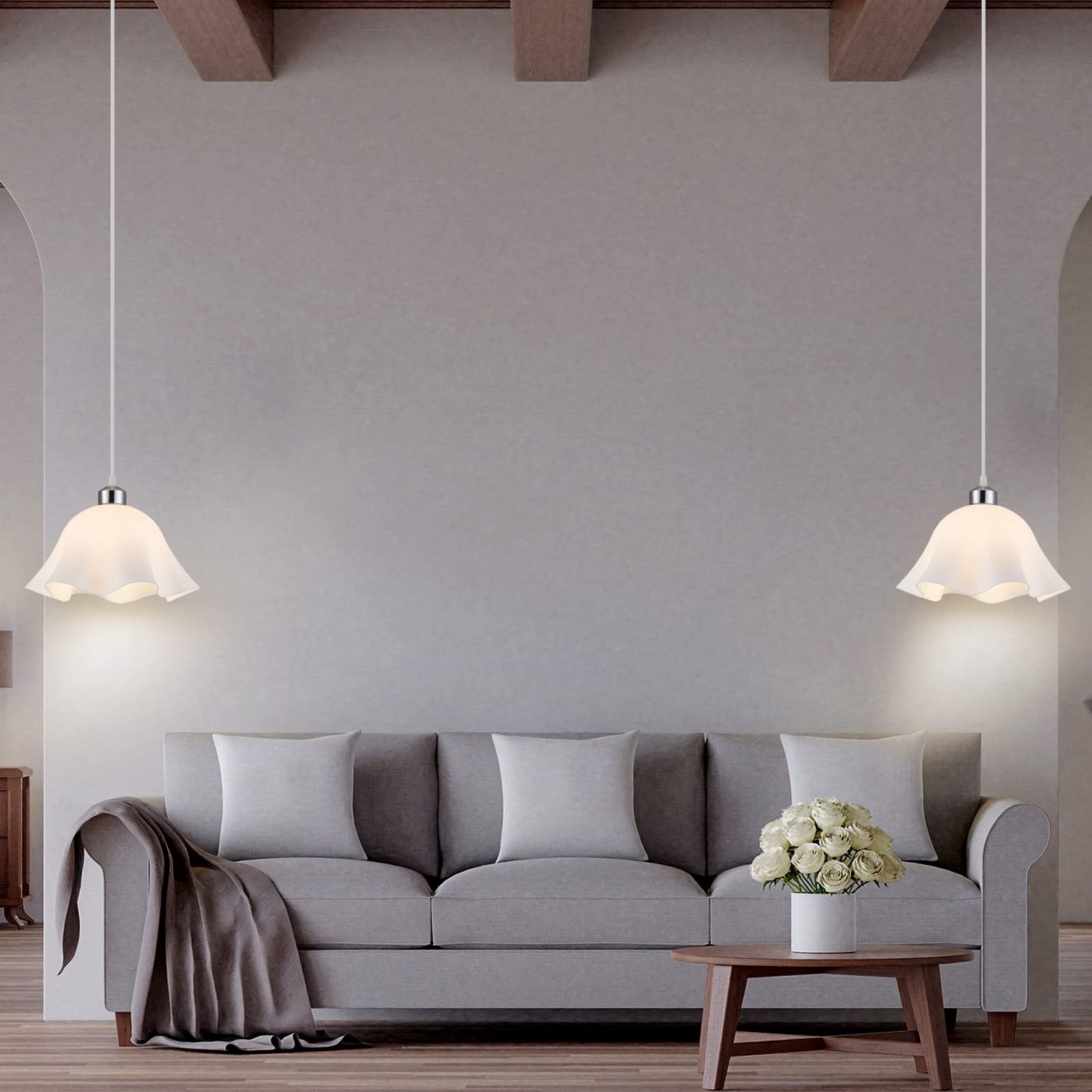 Close-up of OmiSun frosted plastic shade pendant light showing soft glow.