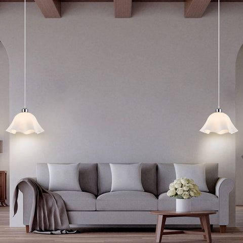 Close-up of OmiSun frosted plastic shade pendant light showing soft glow.