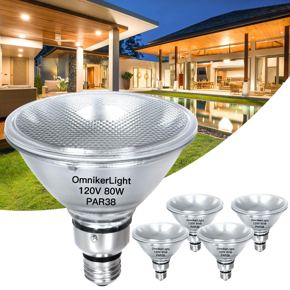 Omnikerlight PAR38 flood light bulb 80W with a bright, focused beam for indoor lighting