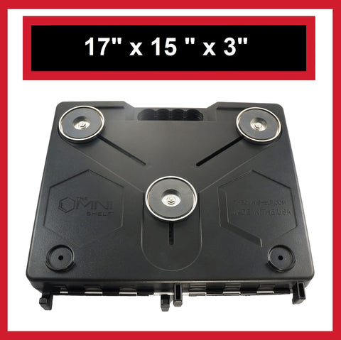 The OmniShelf attaches to the side of a truck for mobile work.