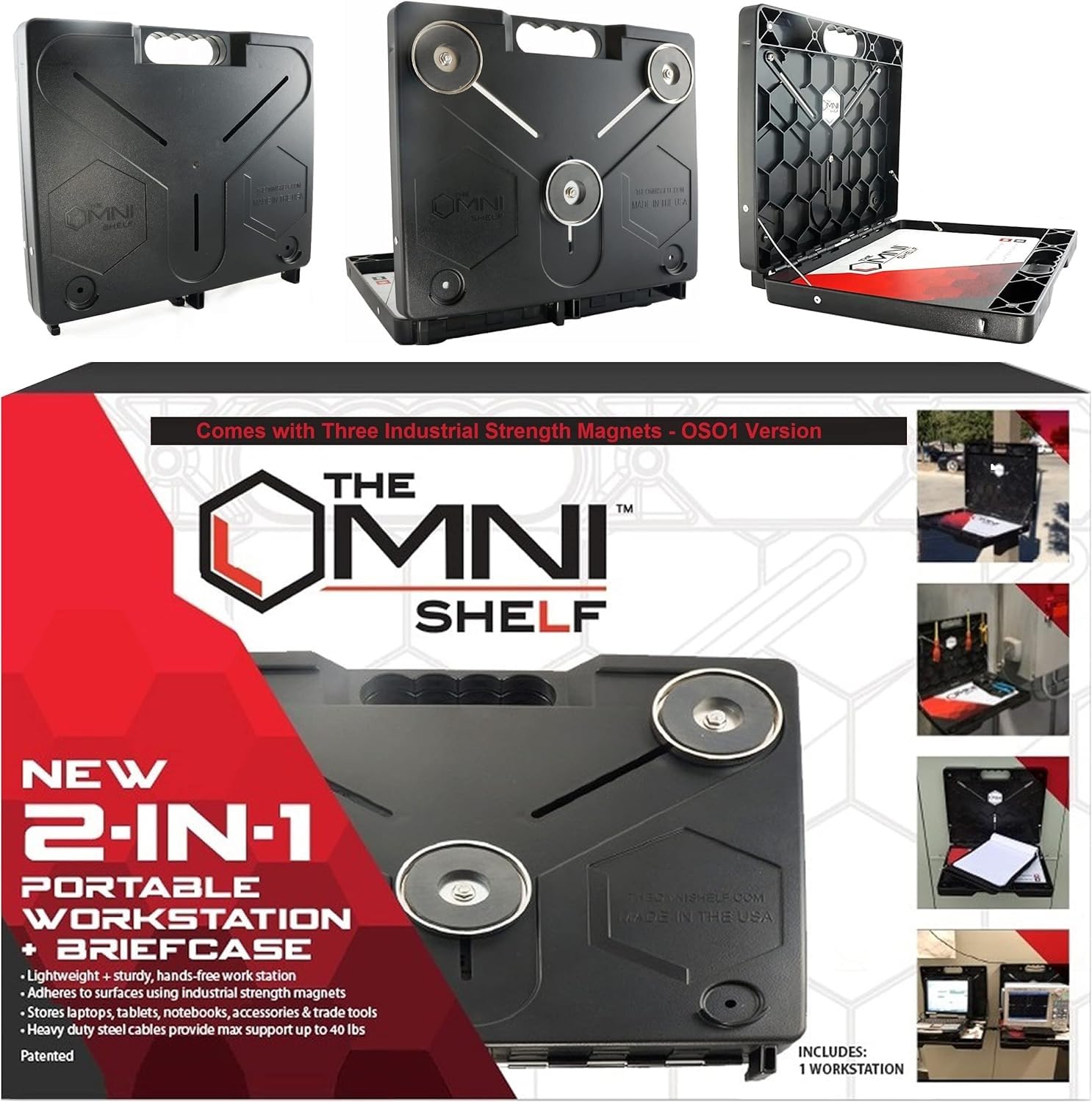 The OmniShelf magnetic attachment on HVAC surfaces enables hands-free work on the job site.