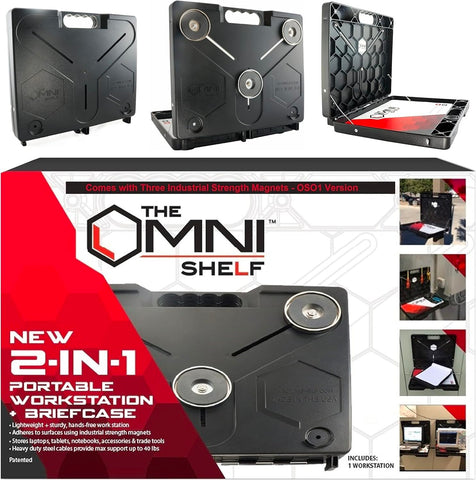 The OmniShelf magnetic attachment on HVAC surfaces enables hands-free work on the job site.