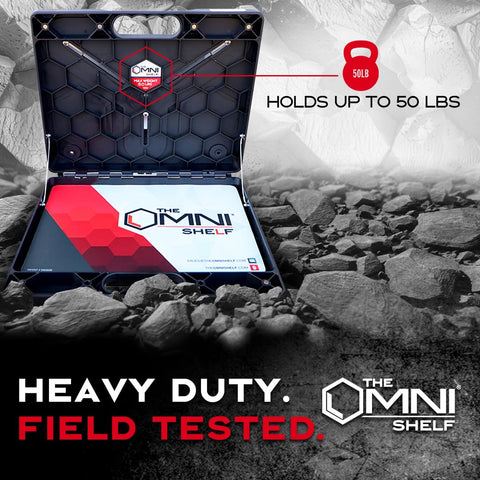 The OmniShelf portable desk in use for on-the-go tasks.