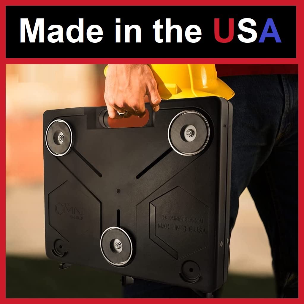 The OmniShelf rear magnets in action secure to metal surfaces.