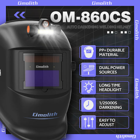 Omolith helmet supports cheater lenses for magnified detail during welds