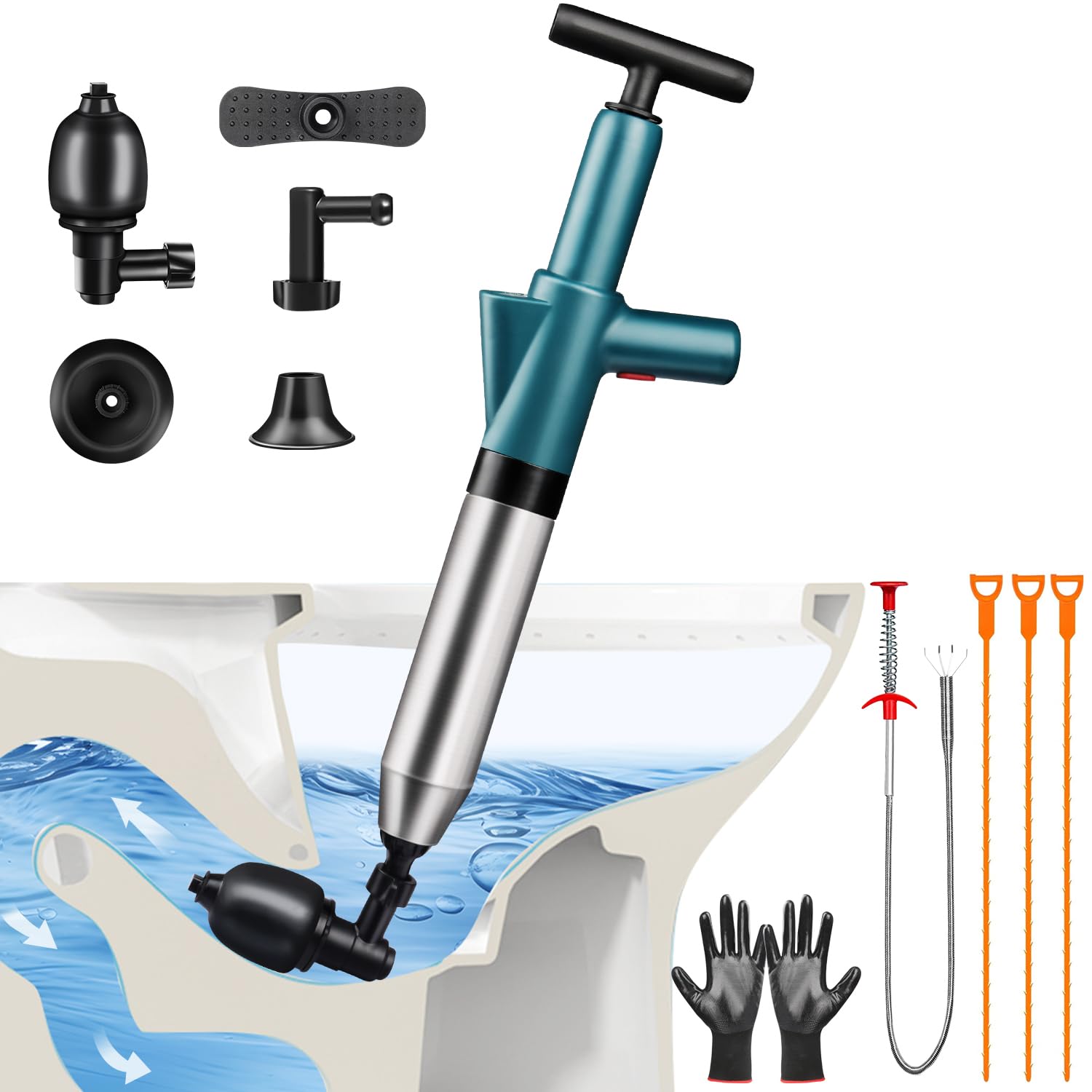 Omont toilet plunger exterior demonstrates sturdy stainless steel for quick bathroom clog relief.