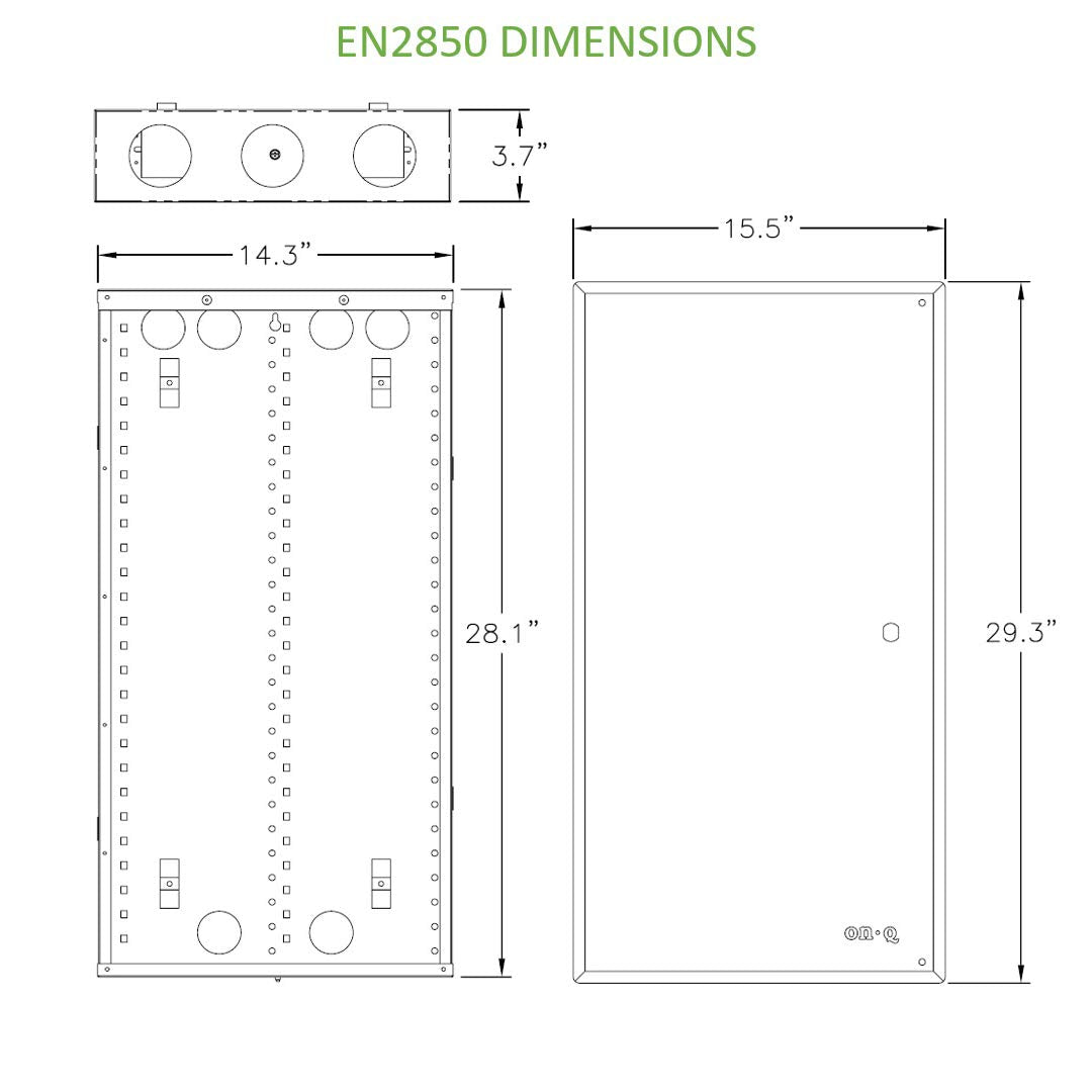 On-Q 28-inch enclosure shows drywall depth indicators for precise mounting