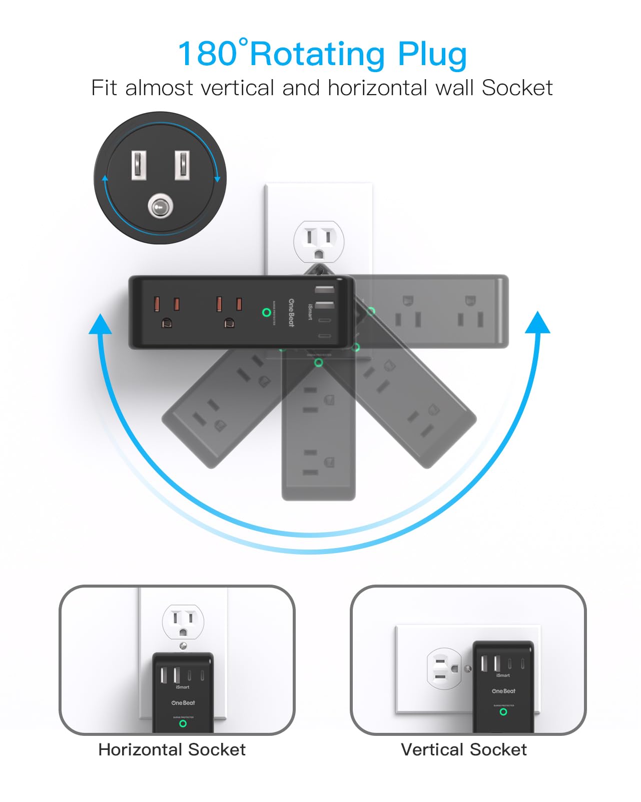 One Beat 180-degree rotating AC plug enables flexible placement