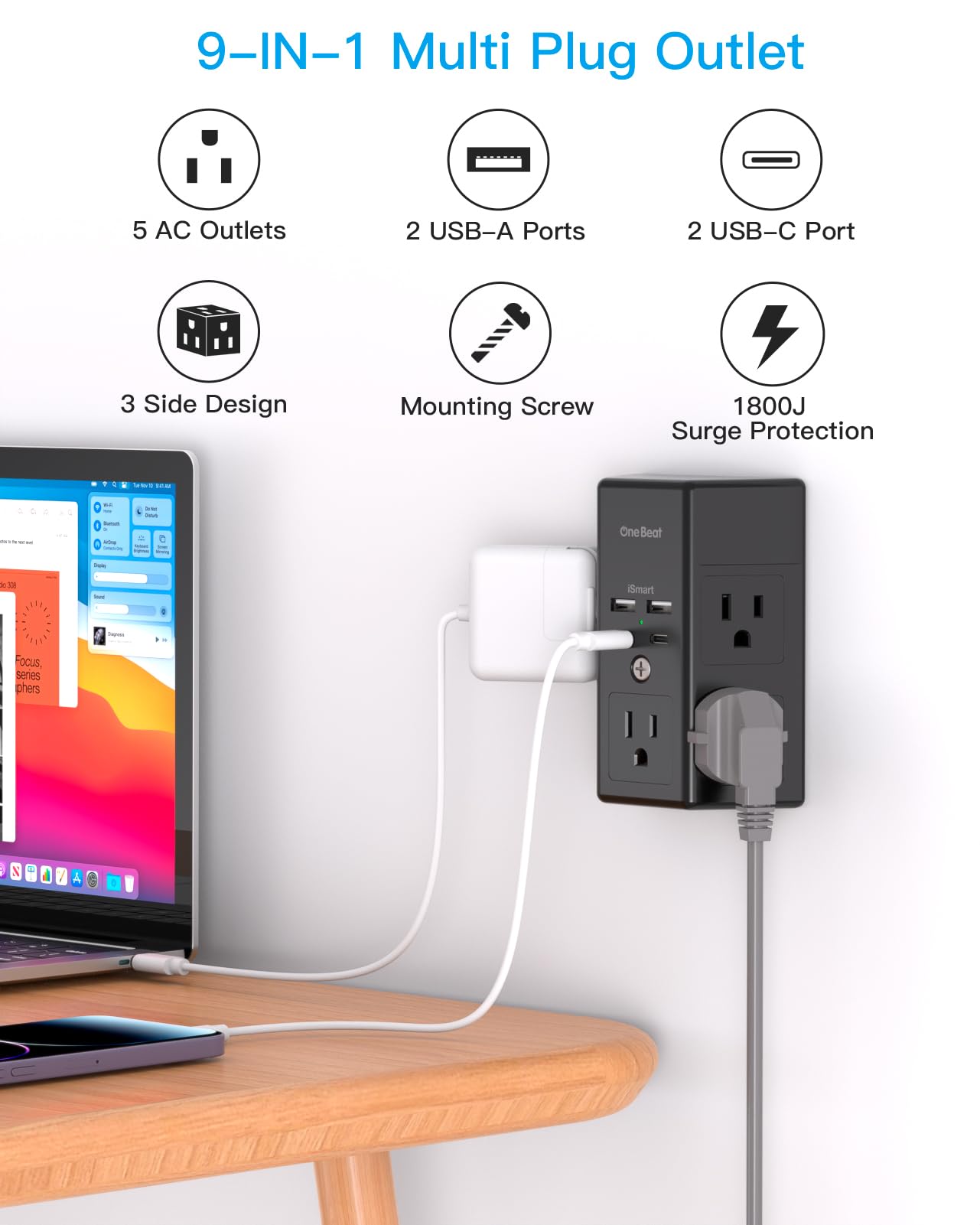 One Beat 2-Pack power strip with five outlets and four USB ports for simultaneous charging