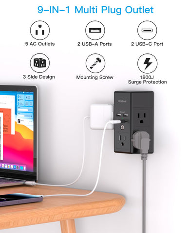 One Beat 2-Pack power strip with five outlets and four USB ports for simultaneous charging