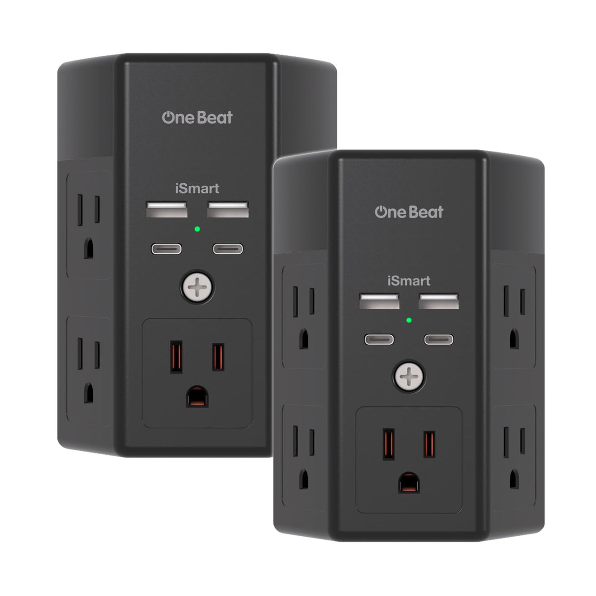 One Beat 2-Pack multi-plug outlet front view showing space between ports for easy access