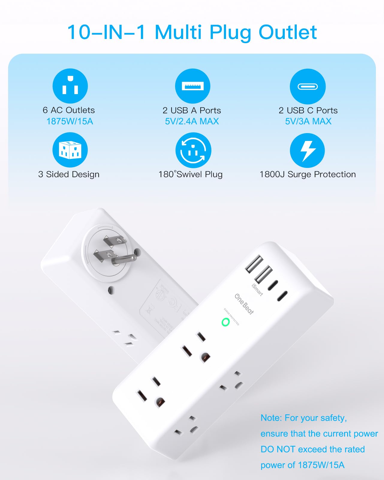 One Beat 3-sided space-saving design keeps large adapters from blocking outlets.
