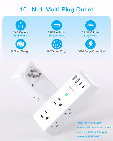One Beat 3-sided space-saving design keeps large adapters from blocking outlets.