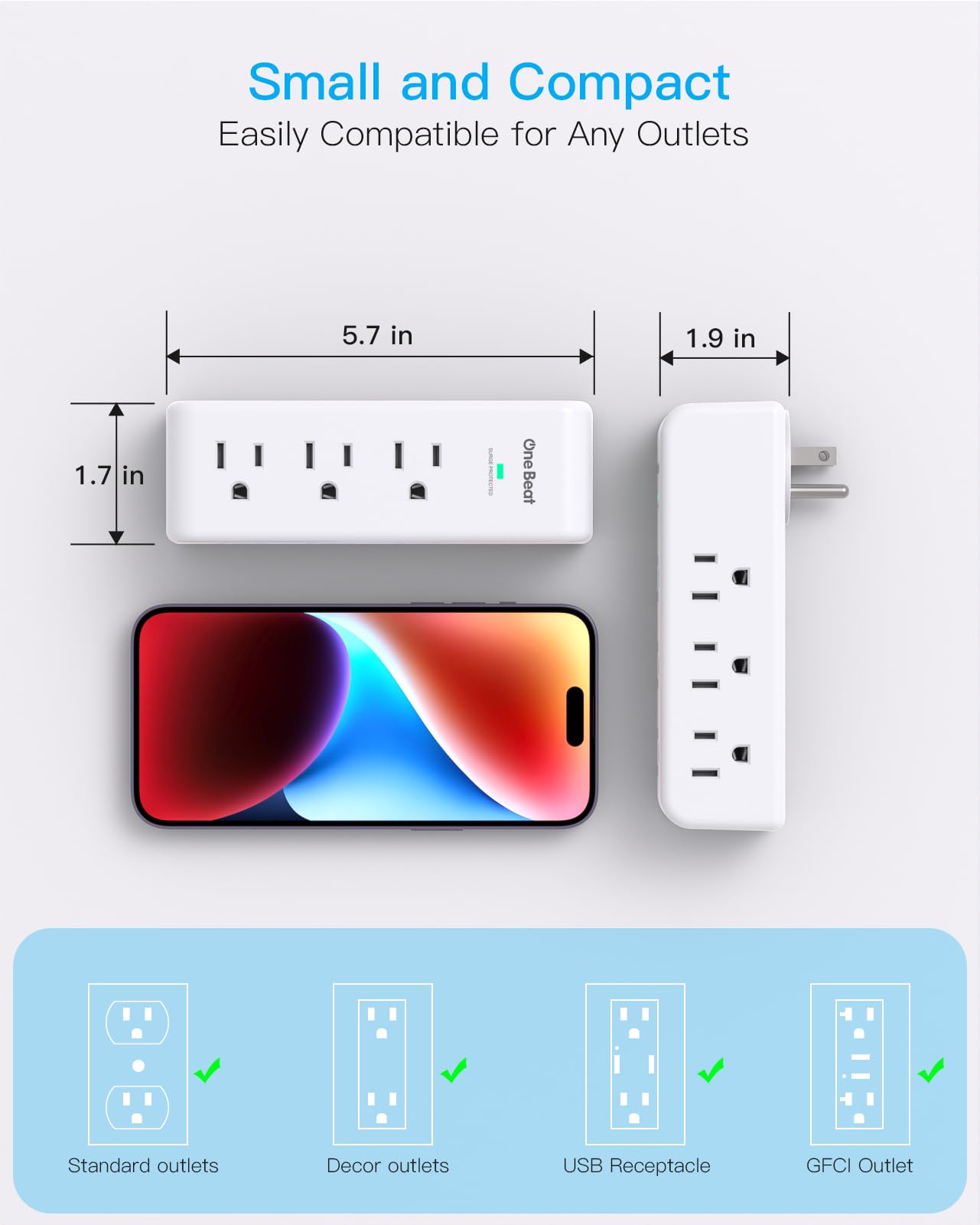 One Beat compact wall outlet extender is travel-ready for dorms and offices.