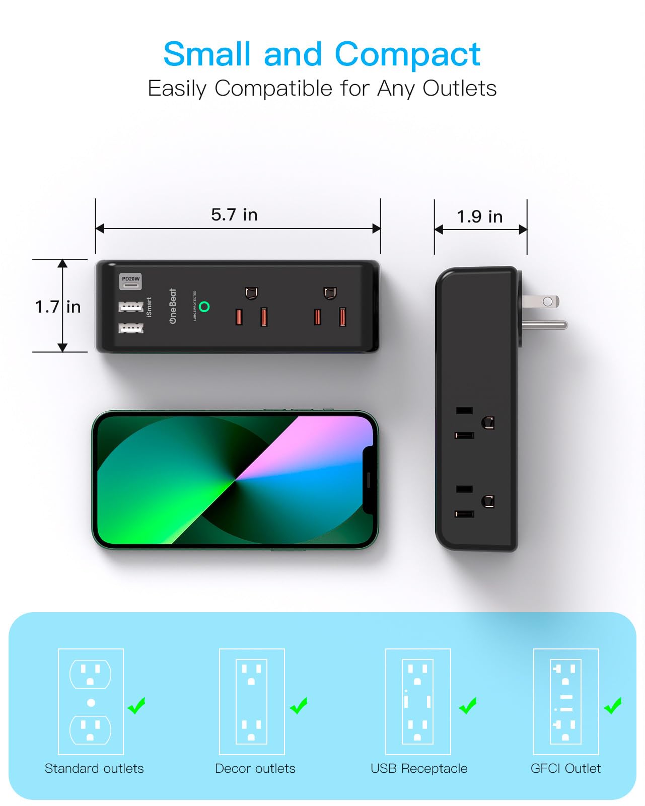 One Beat compact power strip is ideal for home offices and dorm rooms.