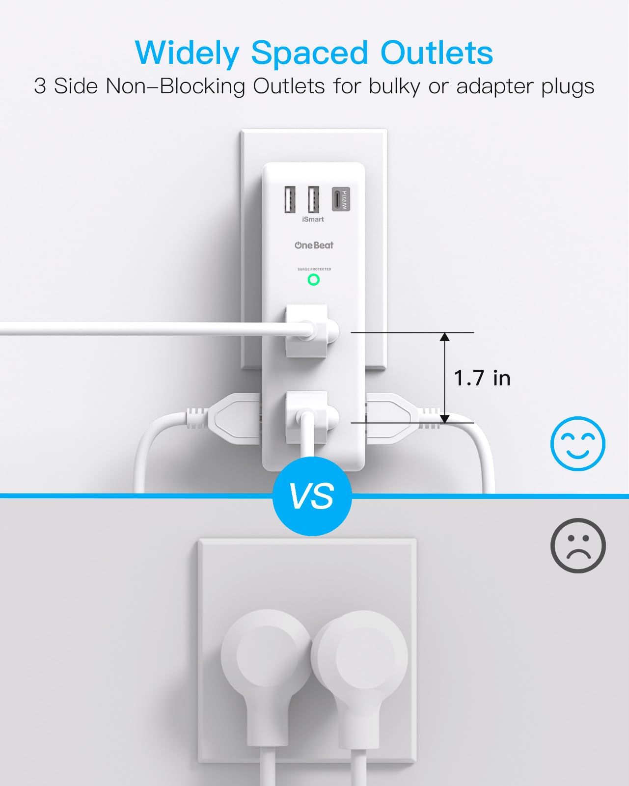 One Beat rotating AC plug handles horizontal or vertical sockets