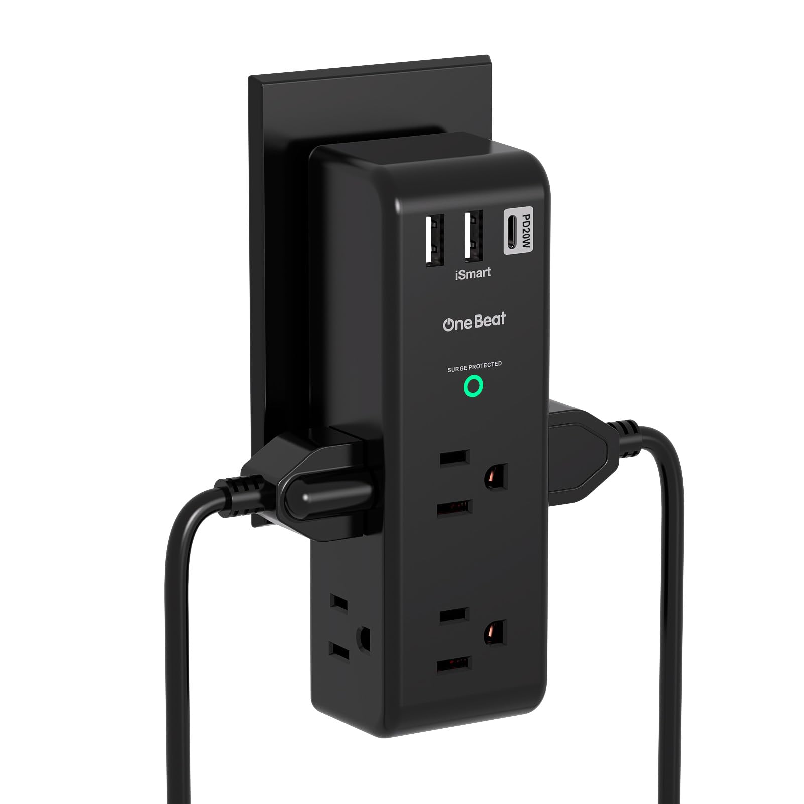 One Beat surge protector with six outlets and a rotating design for clutter-free desks.