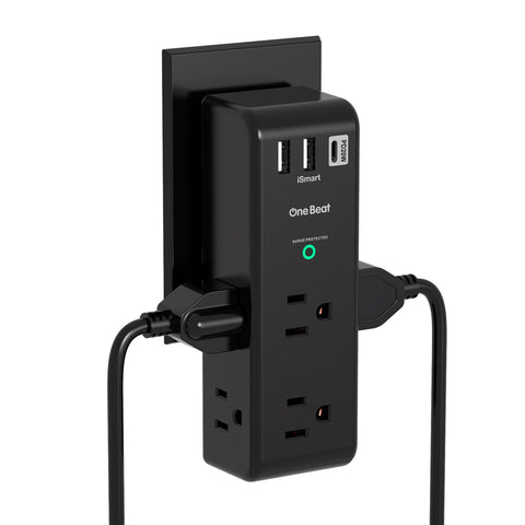 One Beat surge protector with six outlets and a rotating design for clutter-free desks.