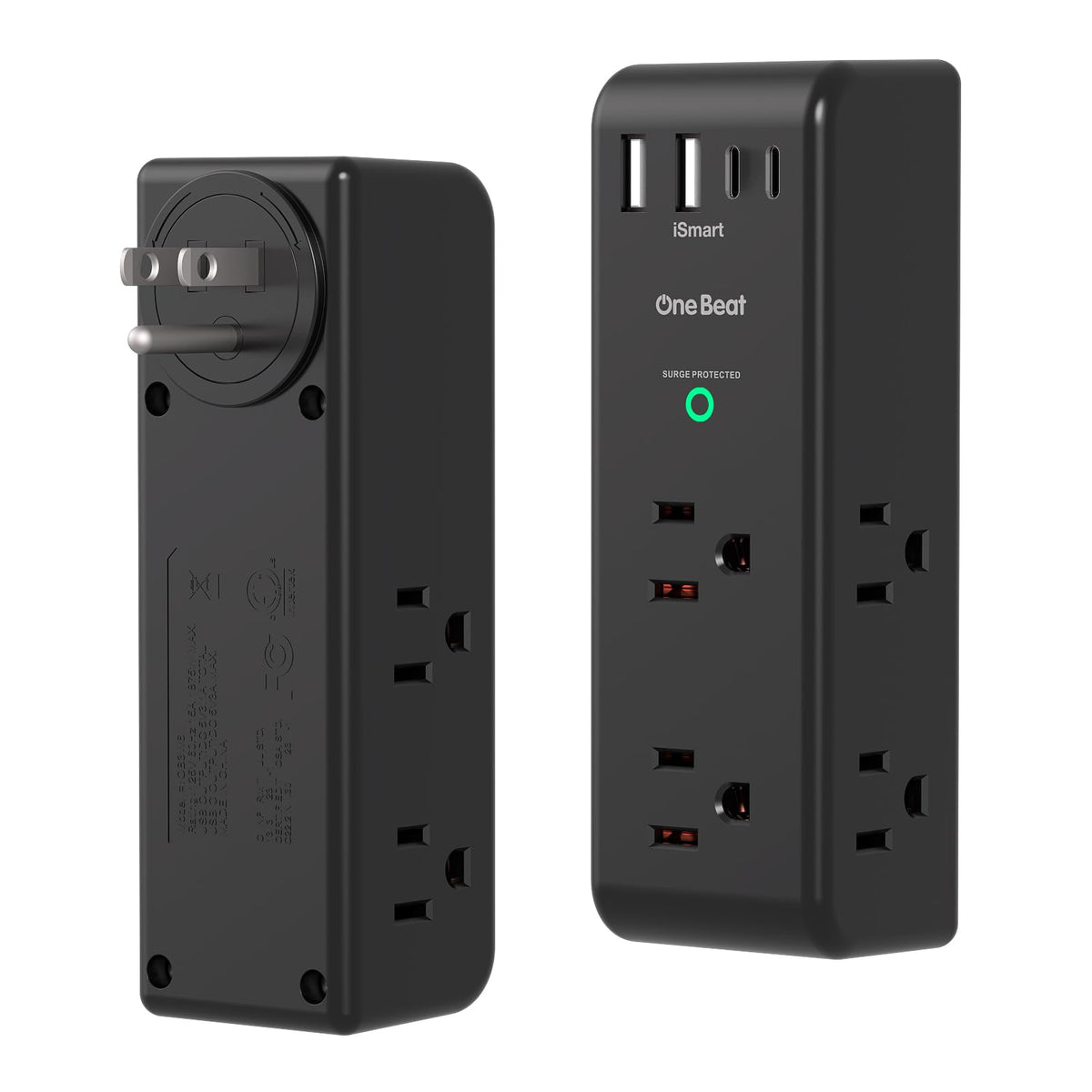 One Beat surge protector with rotating plug for easy access
