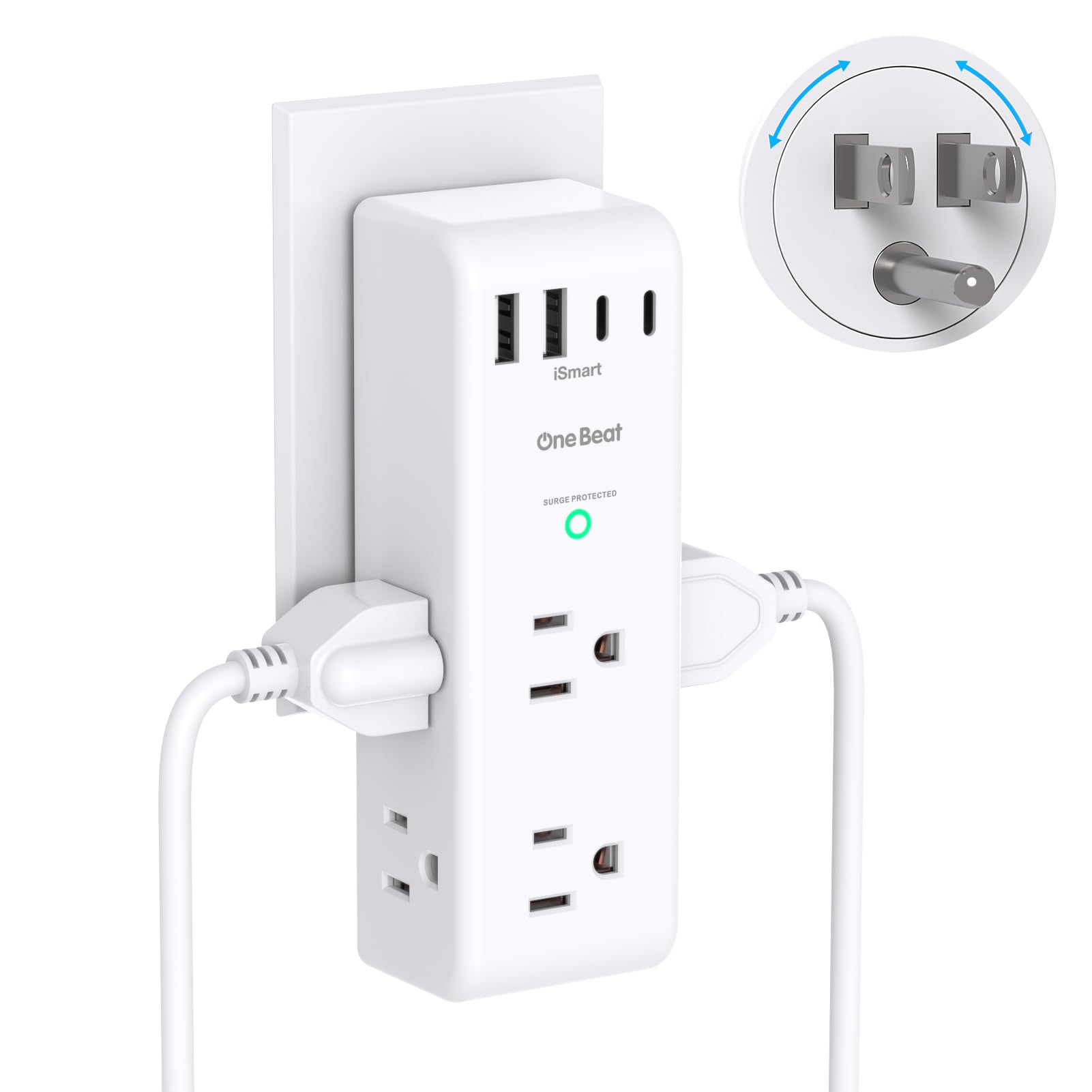 One Beat surge protector with rotating plug enables flexible placement for multiple devices.