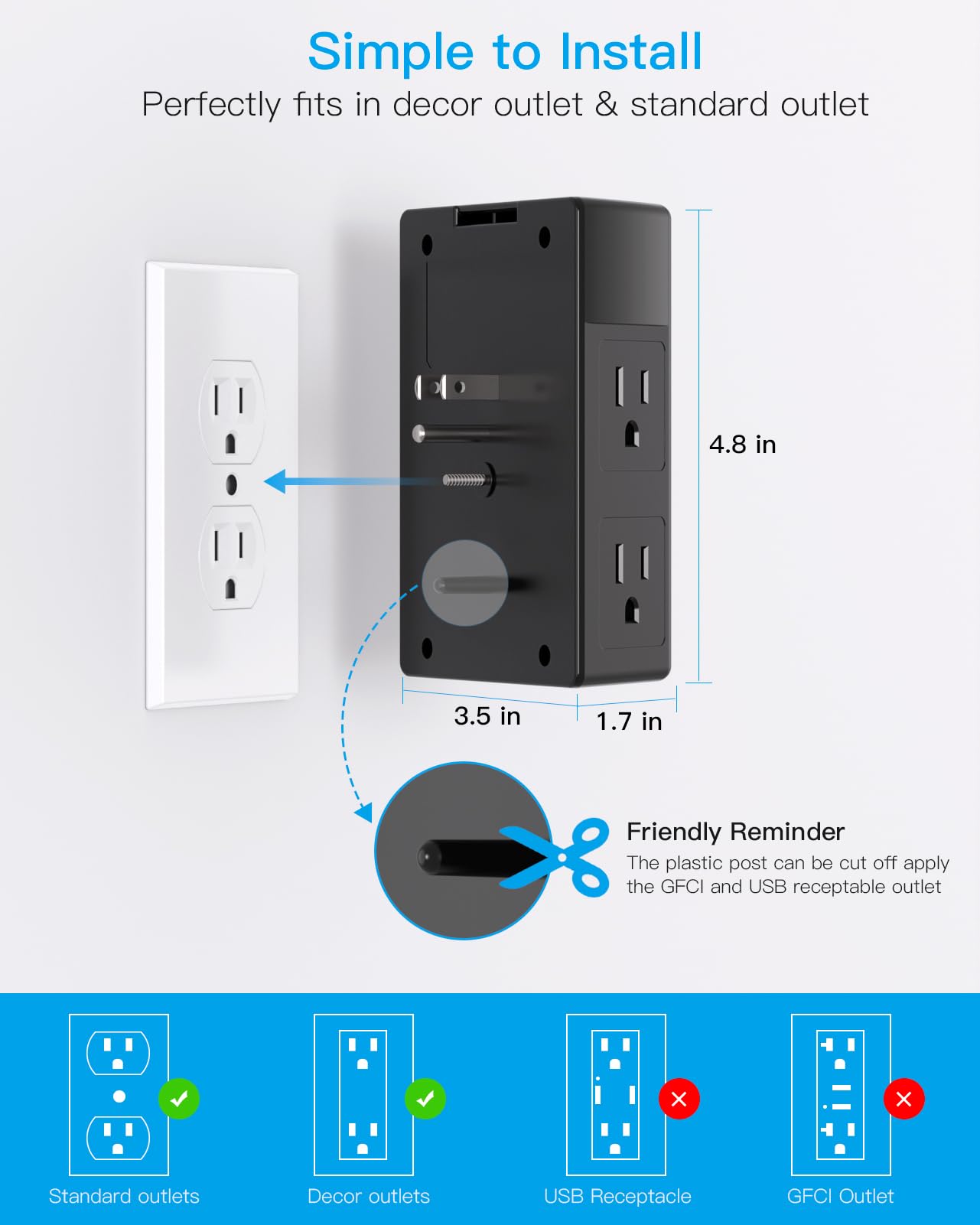 One Beat three-sided design saves space for larger plugs.