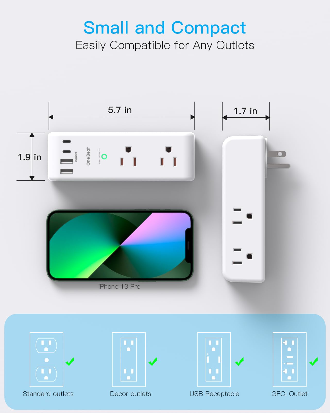 One Beat compact travel power strip fits easily in bags.