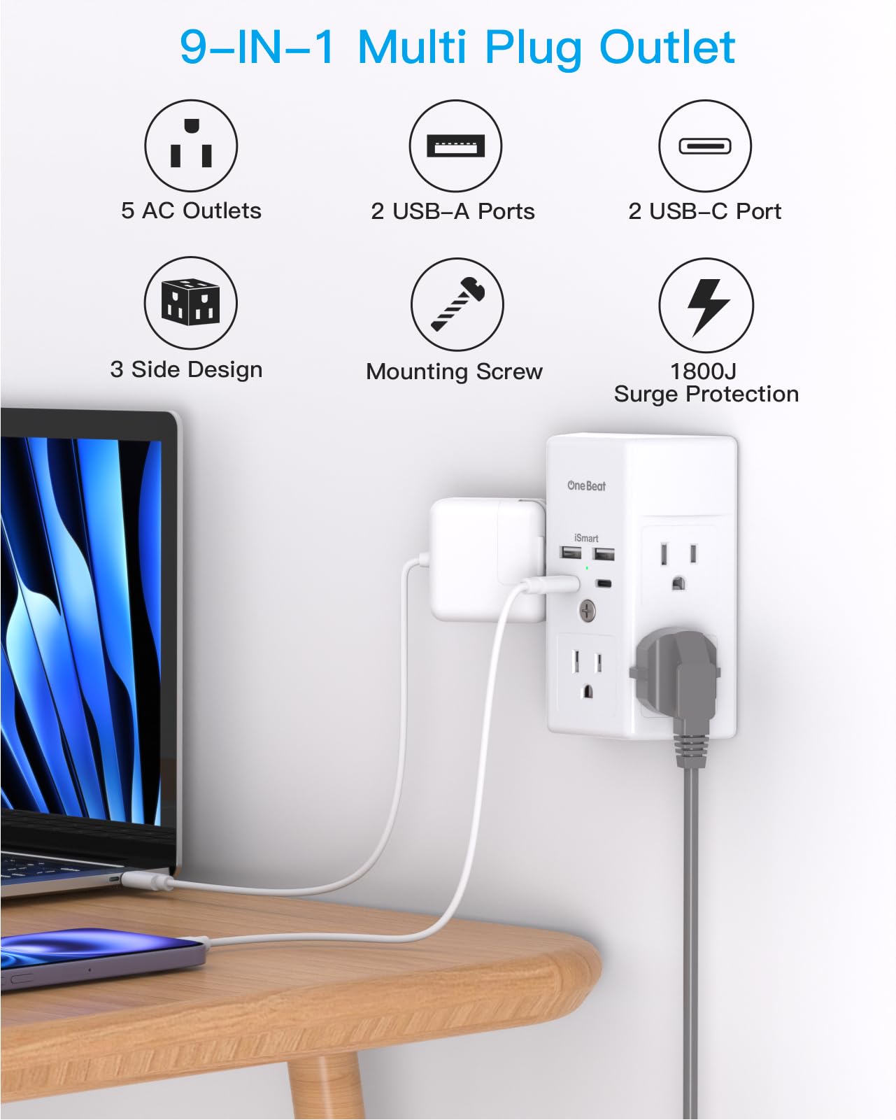 One Beat USB-C PD 20W ports enable fast charging for phones and tablets