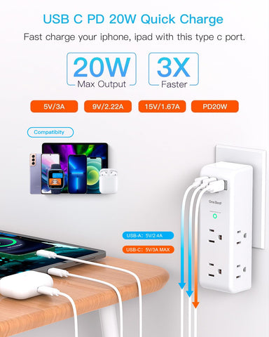 One Beat USB-C PD20W port charges devices quickly and safely