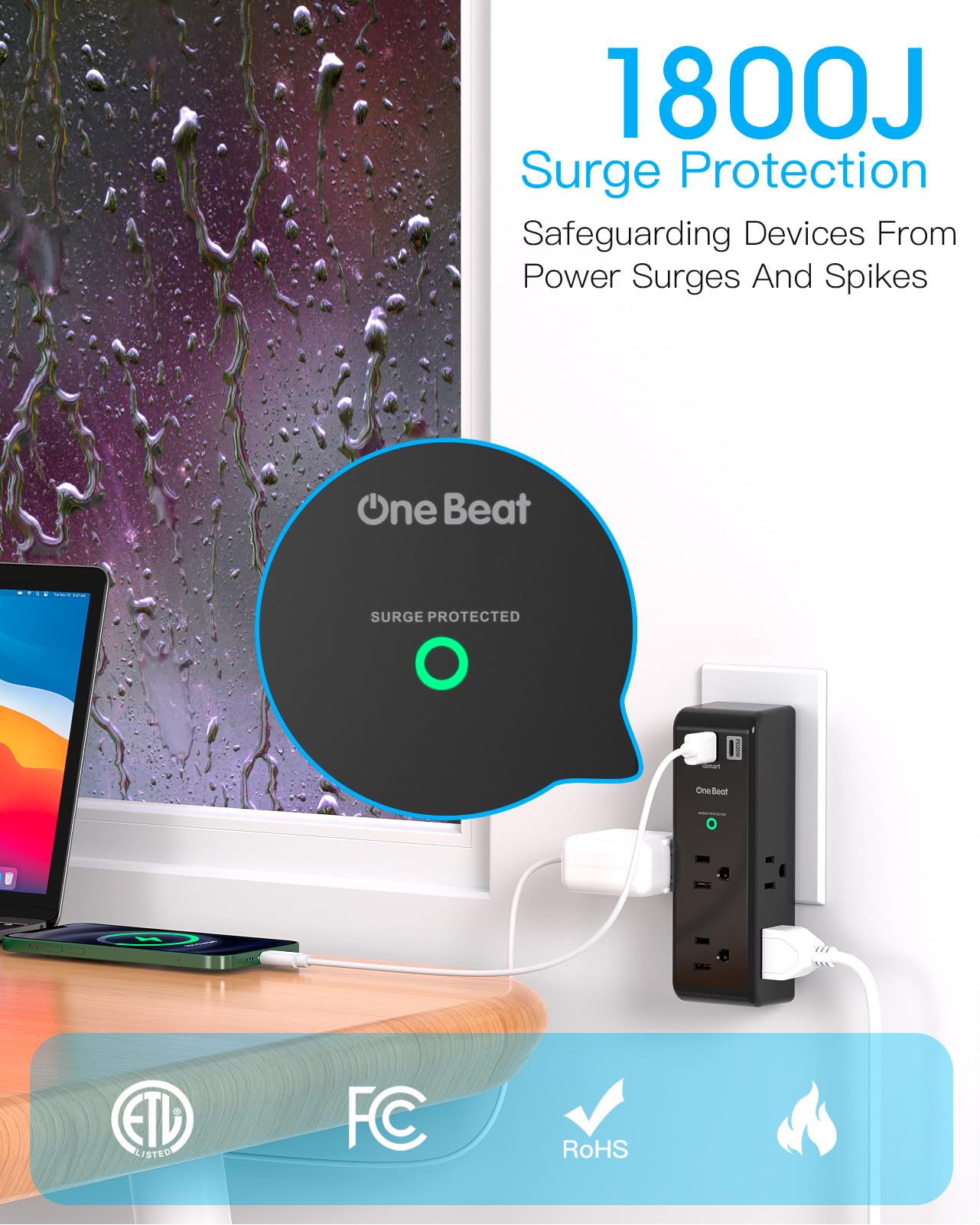 One Beat wide space outlets prevent bulky adapters from blocking neighboring sockets.
