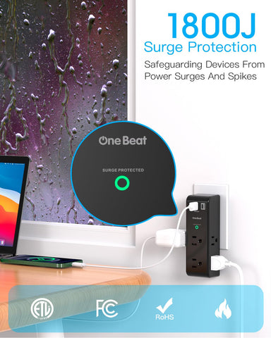 One Beat wide space outlets prevent bulky adapters from blocking neighboring sockets.